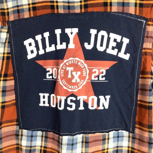 Upcycled Billy Joel 2022 tour Houston flannel bleached shirt Orange Medium - Picture 3 of 5